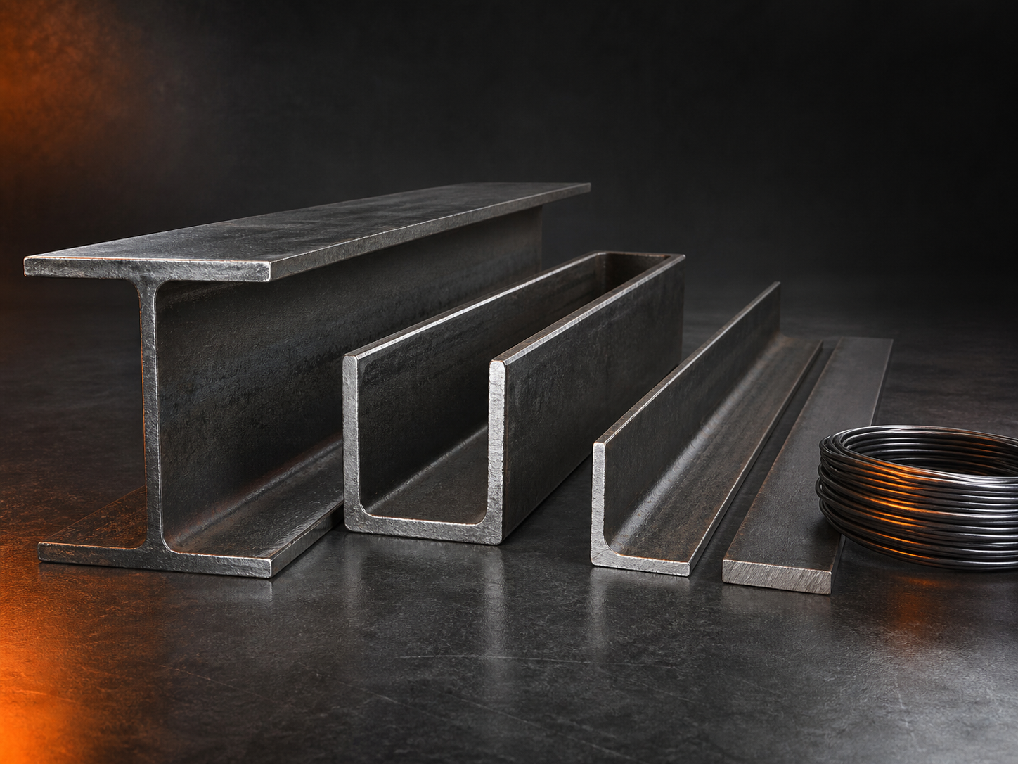 Steel beam, channel, angle, flat and binding wire arranged in a studio