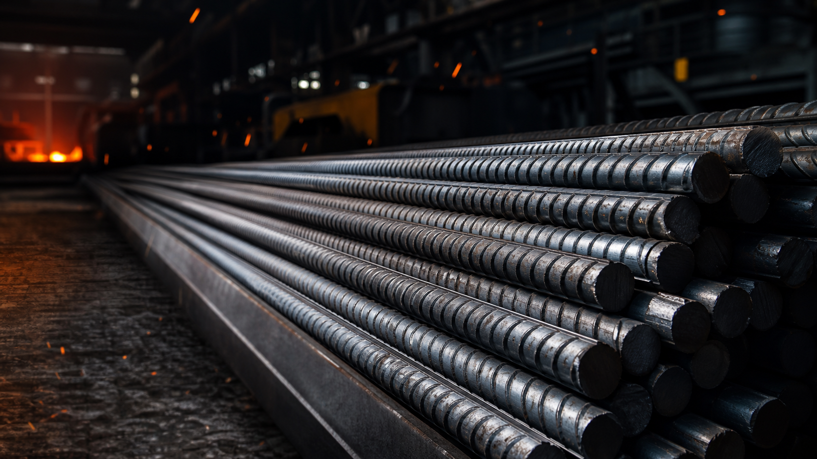 Ribbed reinforcement steel bars inside a modern rolling mill